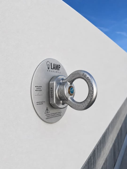 Detalhe de ponto de ancoragem predial LAMP, com placa de identificação e argola de aço